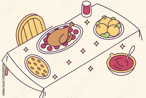 A Thanksgiving dinner table with levitating plates.