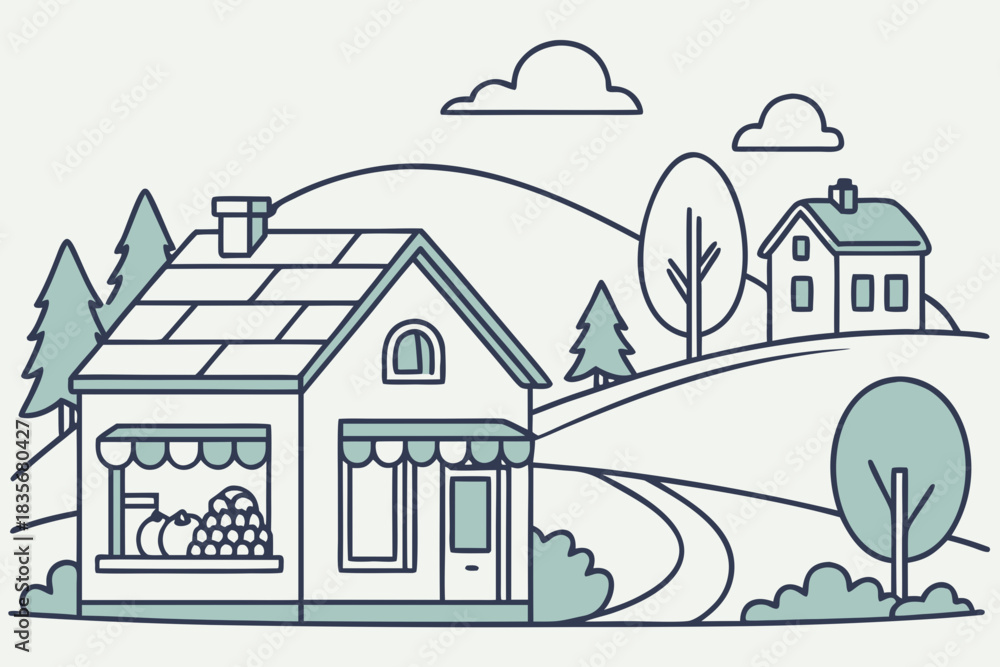 Fototapeta premium Village with small dairy shop selling fresh milk, modern flat illustration style.