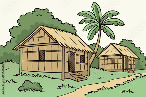 Village cluster hut illustration built with bamboo and palm leaves grouped closely in traditional areas.