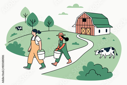 Village dairy farm with kids carrying buckets of milk, modern flat illustration style.
