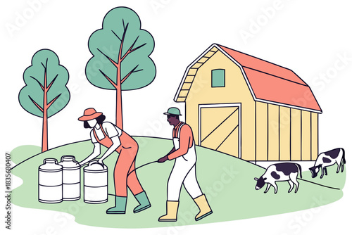Village farmers recycling milk cans near barn, modern flat illustration style.