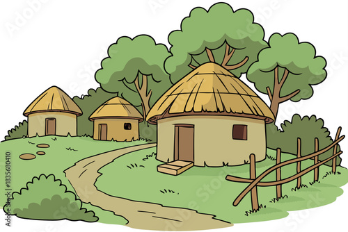 Village hut illustration built with thatched roof and mud walls clustered together in traditional areas.