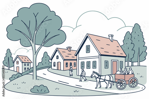 Village with a milk delivery wagon pulled by horses, modern flat illustration style.