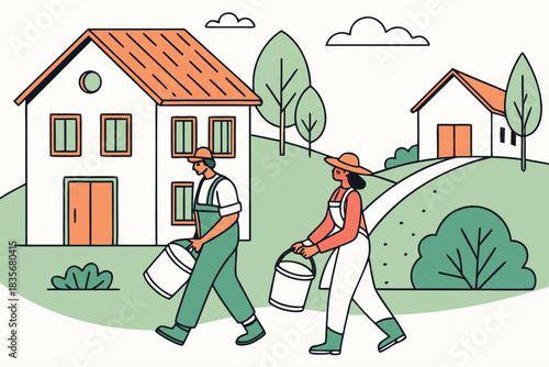 Village square with milk cans delivered by farmers, modern flat illustration style.
