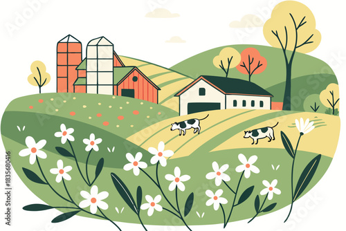 Village dairy farm in spring with blossoms and calves, modern flat illustration style.