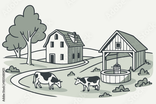 Village with cows near a water well and old barn, modern flat illustration style.