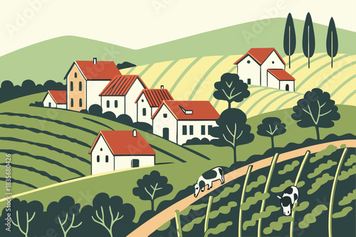 Village with vineyards and dairy cows nearby, modern flat illustration style.