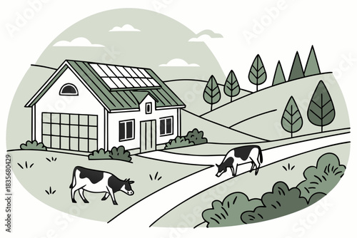 Village with solar-powered barn and cows grazing, modern flat illustration style.