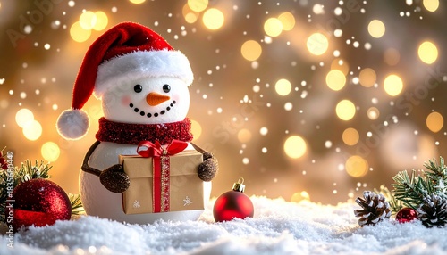 Festive Snowman Holding Gift Box Against Bokeh Lights and Snowfall Background