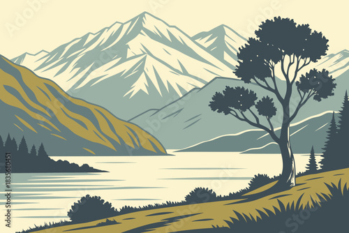 Wanaka, New Zealand, lies on a lake with snowy mountains behind.