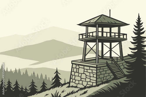 Watchtower hut illustration built on tall stone foundation overlooking valley in traditional areas.