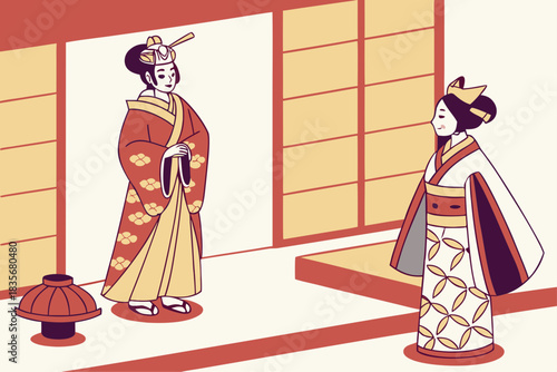 Traditional kabuki performance in Japan with ornate costumes, modern flat illustration style