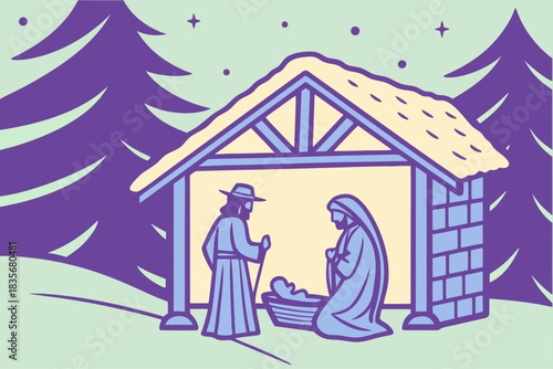 Traditional nativity scene carved from ice blocks glowing with LED colors