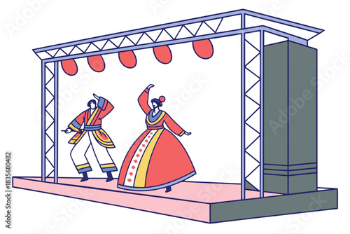 Traditional k-pop dance stage with ornate costumes, modern flat illustration style