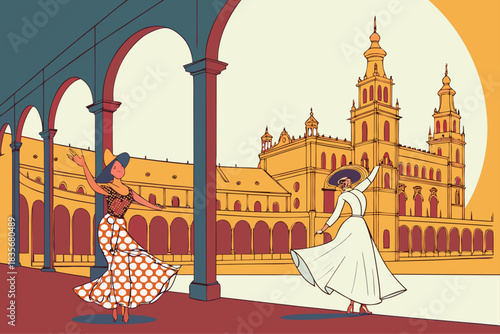 Traditional flamenco performance in Spain with ornate costumes, modern flat illustration style