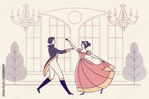 Traditional ballroom waltz in Vienna with ornate costumes, modern flat illustration style