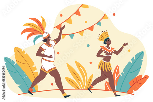 Traditional samba at carnival with ornate costumes, modern flat illustration style