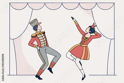 Traditional tap dance on stage with ornate costumes, modern flat illustration style