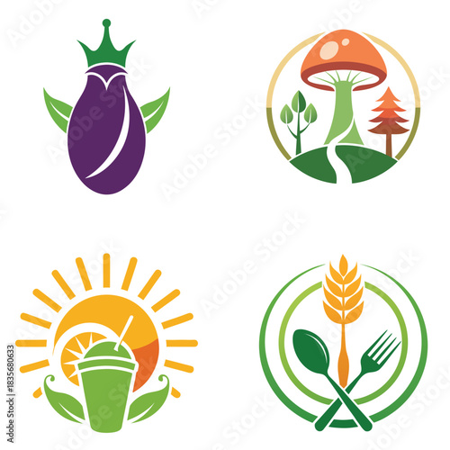 Collection of food and nature logos creative vector design elements for branding and restaurant identity isolated on white background