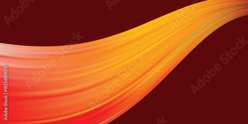 Abstract flowing wave of vibrant red, orange, and yellow gradient color sweeping across a deep maroon background for modern design