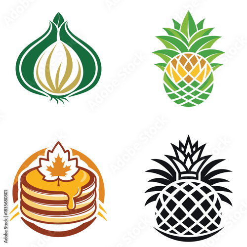 Set of food logos including an onion pineapple and pancakes vector illustration for branding and design