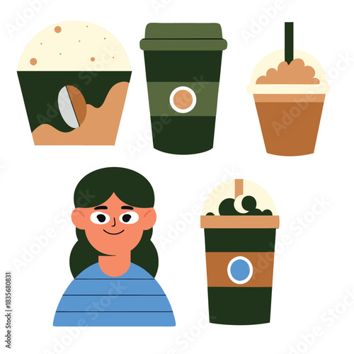 A girl is smiling and looking at a cup of coffee. There are five cups in total