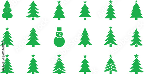 Green Christmas Tree Silhouettes and Snowman Icons Vector Set with Star Toppers: Diverse Holiday Symbols for Festive Design and Winter Graphics AI Generative