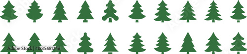 Simple Green Christmas Tree Silhouettes Vector Icon Set: Short and Wide Fir Shapes for Minimalist Holiday Graphics, Greeting Cards, and Web Icons AI Generative