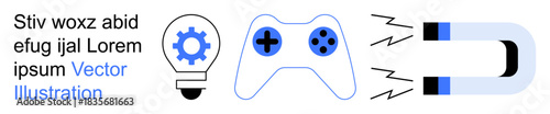 Robotics, gaming design, STEM education, idea generation, magnetism principle, technology concepts. Lightbulb with gear, game controller magnet emitting force. Robotics and gaming design concepts