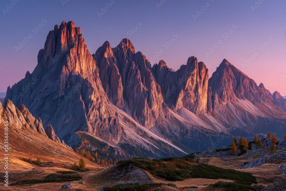 Naklejka premium Stunning Alpine Serenity: Golden Hues Illuminate Dolomites Peaks at Sunset in Majestic Summer Landscape