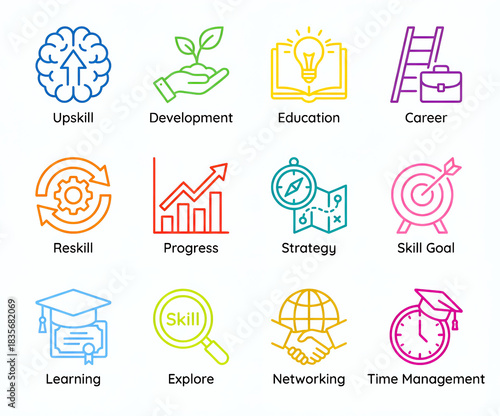 Colorful Skill Development and Career Icons: Vibrant gradient line icons representing skills, learning, and career growth. Great for e-learning, business training, and infographics.