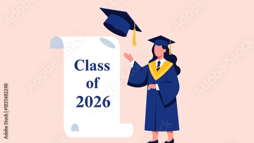 A joyous female graduate in a blue gown tosses her cap in celebration, standing beside a diploma scroll for the Class of 2026