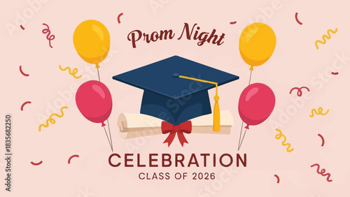 Illustration for the Class of 2026 graduation prom night celebration, featuring a mortarboard cap, diploma scroll, and balloons