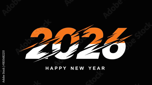 Creative Happy New Year 2026 greeting card design with a modern slash text effect on a dark background