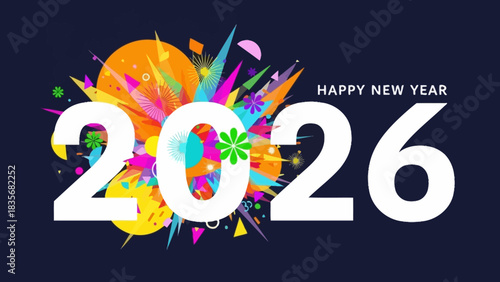 Creative 2026 New Year celebration background with colorful abstract paint splash and geometric elements. Modern festive typography greeting