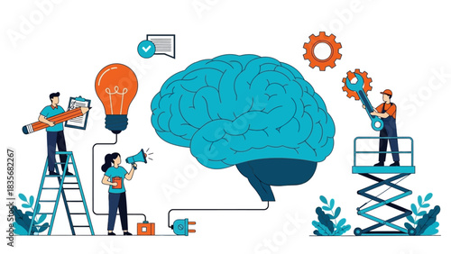 Conceptual illustration of teamwork and brainstorming, with tiny people developing creative ideas and tuning a large brain for innovation and problem-solving