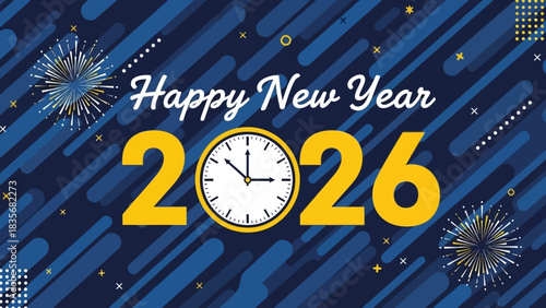 Vibrant vector illustration for the year 2026 celebration featuring a countdown clock and festive fireworks on a dynamic blue background