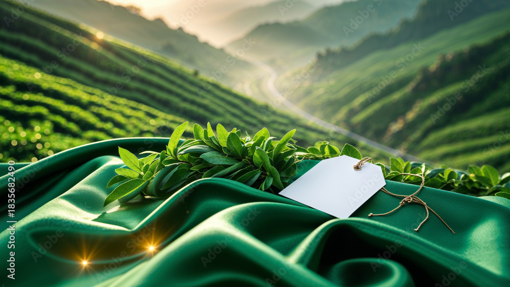 Fototapeta premium Green Leaves and Blank Tag on Fabric with Scenic Tea Hills at Sunrise