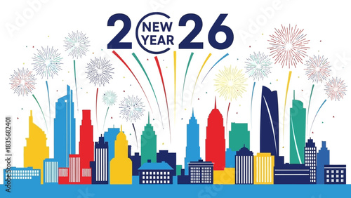 Festive 2026 New Year background featuring a modern city silhouette, bright fireworks, and celebration greetings