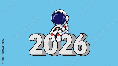 A charming cartoon astronaut in a spacesuit casually sitting atop the 3D numbers for the year 2026. Future and space concept vector