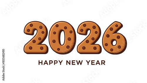 Happy New Year 2026 greeting text with numbers styled as chocolate chip cookies, a sweet festive holiday illustration