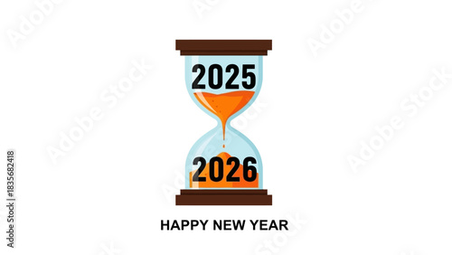An hourglass symbolizes the transition from year 2025 to 2026, representing a New Year countdown and future beginnings