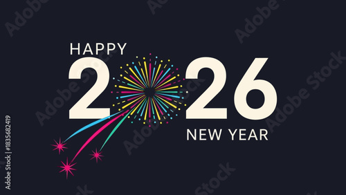 Colorful firework explosion celebrating the new year 2026. Modern graphic banner design for festive holiday invitations and greetings