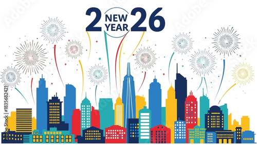Colorful urban cityscape celebrating the New Year 2026 with a spectacular fireworks display. Festive holiday vector illustration