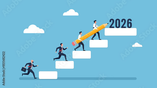 Business team working together on a development strategy and climbing stairs towards the future goal of 2026