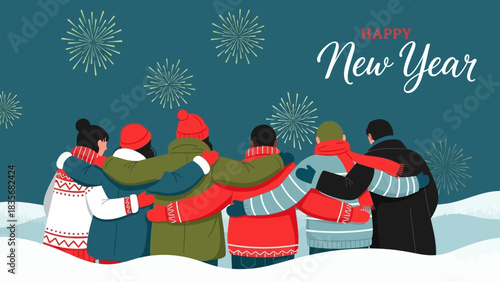 Rear view of a diverse group of friends hugging in the snow, watching fireworks to celebrate the New Year 2026