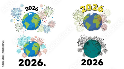 A collection of vector illustrations for the 2026 New Year celebration, featuring planet Earth surrounded by festive fireworks as a symbol of global festivities