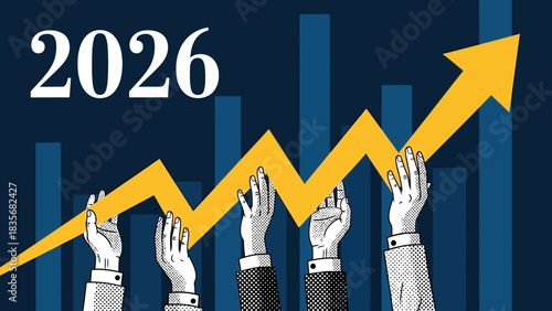 Concept of business growth and teamwork for the year 2026, with hands holding a rising arrow over a financial bar chart