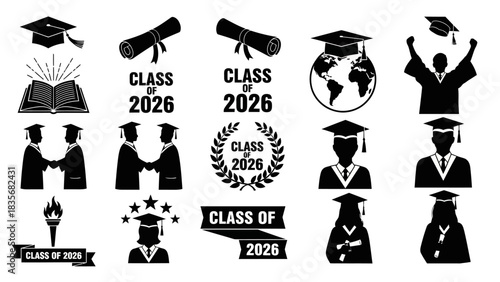 A collection of black silhouette icons for the Class of 2026 graduation, featuring caps, diplomas, and students