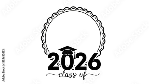 Class of 2026 graduation design featuring a mortarboard cap and a decorative circular rosette frame for a graduate's photo